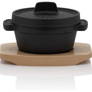 Mini Dutch Oven (1 stuk) | Ø 11 cm | gietijzeren serveerpan met houten onderlegger | reeds ingebrand - preseasoned | kookpan kleine braadpan gietijzeren pan