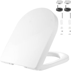 Witte softclose toiletbril, luxe toiletbril met langzaam sluitende en snelsluitingsscharnieren voor eenvoudige reiniging, strakkere bevestiging aan de bovenkant (D-vorm, 410 mm-365 mm)
