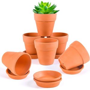 Mini terracotta aardepotten, 6 stuks, terracotta vetplanten, potten met schotels, 8 cm, kleine terracotta potten, mini-potten van aardewerk, terracotta Nursery kleipotten, mini-bloempot voor binnen en buiten