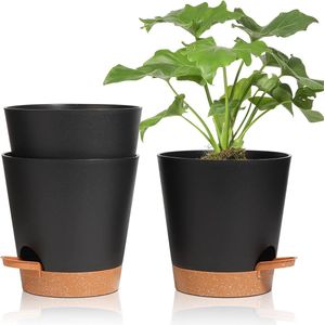 Kunststof bloempot met bewateringssysteem, set van 3 zelfbewaterende potten met onderzetter, ronde plantenpot voor binnen en balkon, tuin, planten, vetplanten, cactus, zwart