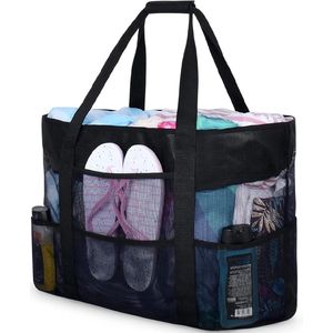 Grote nettas strandtas, mesh strandtas, nettas voor zandspeelgoed, opvouwbare handtassen, opbergtas met zakken en ritssluiting, voor strand, vakantie, reizen, winkelen (zwart)