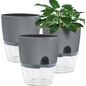 Bloempot, plastic, 3 stuks, 15,3 cm, kruidenpot met zelfbewatering en waterreservoir, moderne plantenpot voor kamerplanten, bloemen en kruiden, grijs