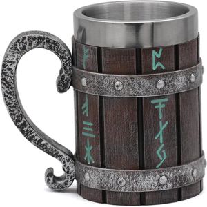 Guashuan Vikinghouten bierpul - roestvrij staal coole koffiekop - emmervormig drinkservies met handvat, 14,3 cm lang, 600 ml volume Vikingbeker Vikingbeker Vikinggeschenk