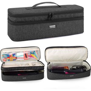 Opbergrechttas voor warme lucht borstelharen, dozen, stijltang, draagtas, reistas voor ronde haarstijltang, pluizige kam krulborstel, dubbellaags, Zwart