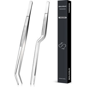 25 cm kookpincet en gebogen pincet, precisietandpunten, professioneel keukengereedschap van roestvrij staal voor grillen, platteren en serveren