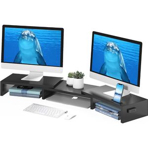 Dual Monitor Stand Riser, desktop monitorstandaard met smartphonehouder, verstelbare lengte en zwenkhoek, houten bureauorganizer, voor pc-monitor, laptop printer