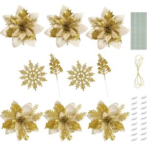 Set van 34 glitter-kerstbloemen, 2 maten, glitter, kerstster, kunstbloemen met bessen, sneeuwvlokken, 25 clips, 25 wortelstokken en hangtouwen voor Kerstmis, kerstboom, kransen (goud)