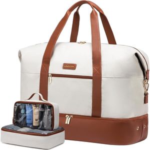 damesreistas, sporttas, weekender handbagage tas voor vliegtuig, ziekenhuistas, geboorte, kledingplunjezak, reistas met toilettas, schoenenvak, beige+bruin, reistas