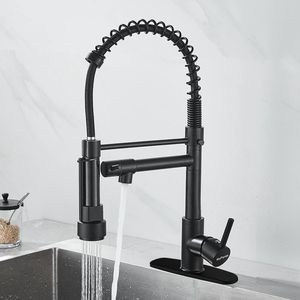 Keukenkraan, kleur zwart 360° draaibaar met naar beneden uittrekbare sproeikop, volledig kopermateriaal, met 2 uitgangen (straal en spray)sproeikop (H-2 uitlopen, zwart)