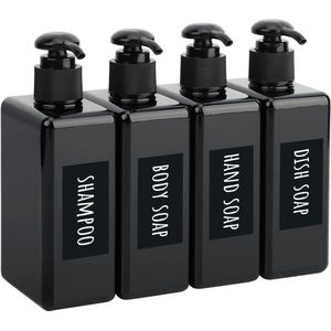 Square Lotion Dispenser, 280 ml, zwarte zeepdispenserset met handgeschreven labels voor shampoo, douchegel, zeep, vloeibare zeep, hervulbare plastic pompflessen voor keuken, badkamer, 4 stuks