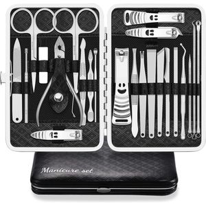 manicureset 23-delige professionele nagelknipperset pedicureset verzorgingsset roestvrij staal nagelverzorgingsgereedschap met luxe lederen reistas (zwart / zilver)