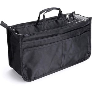 Bedrukt inzetstuk voor handtas, portemonnee, organizer met 13 vakken uitbreidbaar, ritssluiting, draagtas, luiertas, inzetstuk met handvat (29 x 16 x 9 cm) (zwart)