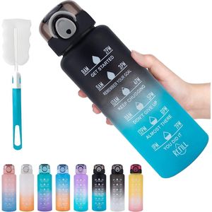 1L Drinkfles, Sport Drinkfles-[BPA-vrije Tritan], 1000ml Motiverende Waterfles met Rietje en Tijdstempel - Lekvrije Fles voor Fietsen, Kamperen, Sportschool (Zwart/Blauw)
