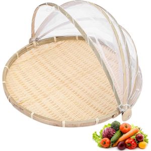 Tent Mand Picknickmand Bamboe Vliegenkap afdekhoes Geweven Voedsel Anti vliegen Insect Net Fruit Groente Dienblad Mesh Cover Tent Droog Stofpan Camping Picknick Draagbare Opbergmand