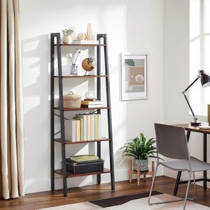 Staande plank, boekenkast met 5 legplanken, met metalen frame, eenvoudige montage, voor woonkamer, slaapkamer, keuken, 56 x 34 x 172 cm (L x B x H), vintage bruin-zwart LLS45X