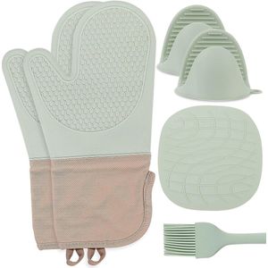 Ovenhandschoenen, pannenhandschoenen, antislip, met hittebestendige bakhandschoenen, set van 6 kookhandschoenen, pannenlappen, siliconen, hittebestendig, geschikt voor koken bakken, grillen, mintgroen