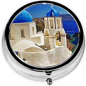 Santorini Griekse eiland zeezicht print ronde pillenorganizer pillendoos met 3 compartimenten draagbare medicijnpillendoos voor buiten reizen