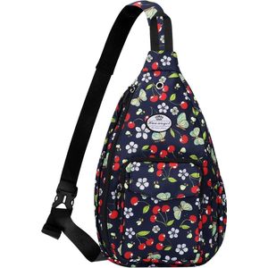 Stijlvolle borstzak, crossbody bag, licht bloemenpatroon, rugzak voor dames, waterdicht, kleine slingtas, borstzak, schouderzak voor dames, met flessenvak, voor reizen, sportief, wandelen, kersen