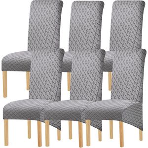 Geometrische jacquard grote stoelhoezen voor eetkamerstoelen, XL eetkamerstoelhoezen met hoge rugleuning, rekbare afneembare wasbare stoelhoezen stoelbeschermer (K ​​lichtgrijs, 6 stuks)