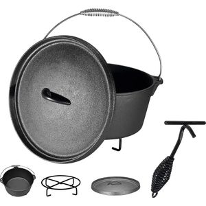 Dutch Oven 6 liter, premium gietijzeren pot met deksel, voorgebrande vuurpot met schotel en dekselheffer, zonder poten, braadpan met spiraalvormig handvat voor barbecue, camping, tuin