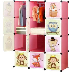 Uitbreidbaar kinderrek kinderkledingkast trappenrek boekenkast met deuren & 2 hangers, diepere vakken dan normaal (45 cm vs. 35 cm) voor meer ruimte, 110 x 47 x 147 cm, roze