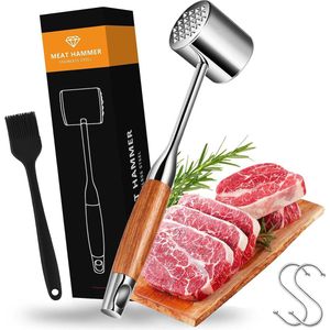 Vleeshamer, vleeshamer roestvrij staal 304, snijdelhamer met antislip houten handvat, vleeshamer, steakhamer met 2 haken, 1 olieborstel, ideaal voor steak, kip, varken