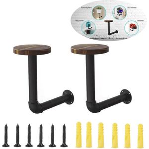 Hoed- en pruikhouder van metalen buis en bruin hout, motoraccessoires, helmhouder, jashanger, multifunctionele wandhouder