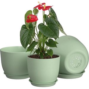 25/23/20 cm groene bloempot, plastic kruidenpot met drainagegaten en schoteltjes, een set van 3 plantenpotten voor binnen en buiten