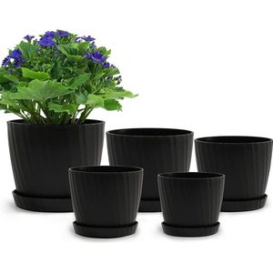 Plastic plantenpotten, 19/17,5/16,5/15/14cm bloempotten voor binnen met drainagegaten en schoteltjes, moderne decoratieve plantenbak voor alle kamerplanten, vetplanten, cactussen, zwart