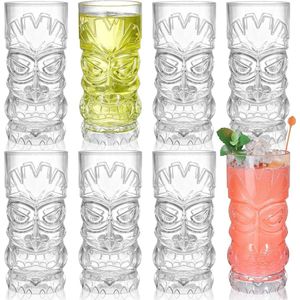 8-pack plastic Tiki-bekers van 500 ml, heldere Tiki-glazen, moderne bar-Tiki-beker, Hawaiiaanse feestdrinkbekers voor cocktails, limonade, gemengde dranken, picknick, restaurantbenodigdheden