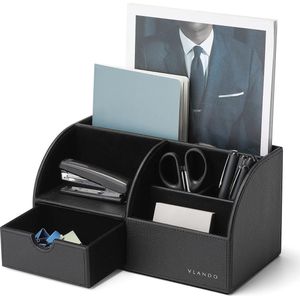 Bureau-organizer met lade, leren kantoorbenodigdheden, bureau-organizer, multifunctionele bureaupen-organizer, houder voor afstandsbediening, zwart