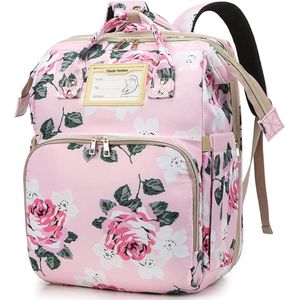 Baby Changing Backpack with Changing Mat, Changing Bag with Bed Function, Multifunctional Waterproof Changing Backpack with Floral Print, Changing Backpack with USB Charging Port