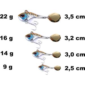 Jig Spinner Set 5 x in box (selecteerbare gewichten: 9 g 14 g 16 g 22 g) spinnerbait spinner jig bait lood-kopspinner | doelvis: baars, forel, snoek, snoekbaars, meerval | roestvrije haken