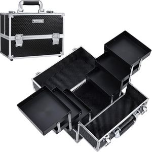 Cosmetische koffer, grote make-up koffer, lege make-up koffer, aluminium beauty case, kapperskoffer, nageletui, afsluitbare multi-case, visagisten koffer, beauty case, zwart