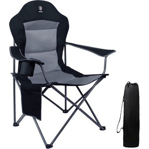 Luxe campingstoel, opvouwbaar, 150 kg, draagbaar, ultragroot met hoge rugleuning, comfortabel gestoffeerde klapstoel, kamp, tuin, balkon, strand, campingstoel, fauteuil, tuinstoel, visstoel, regisseursstoel, zwart