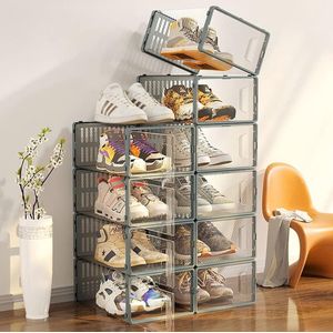Set van 6 schoenendozen Stapelbare schoenendoos Transparante opbergdoos Opvouwbare schoenenorganizer Ruimtebesparende schoenendoos met deksel (grijs)