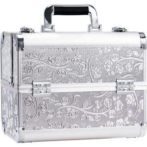 Make-up koffer, leeg, groot, make-up koffer, afsluitbaar, beauty case, kapperskoffer, nageldoos, nageldesign koffer, gereedschapskoffer, multi-koffer, zilver