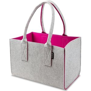 Shopper vilten tas Premium 5 mm, grote boodschappentas met handvat, boodschappenmand, opvouwbare brandhoutzak voor het opbergen van hout, draagtas ook voor speelgoedopslag, grijs/magenta