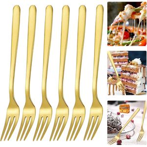 Taartvorken, vorken, fruitvorken, bestek, snijvork, taartvorken, kleine dessertvorken, vorken, tafelvorken, tafelvorken, roestvrij stalen vorken, 6 stuks, goudkleurig