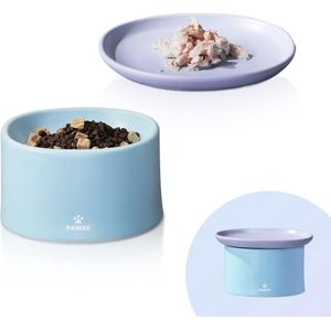 Voerbak voor katten, verhoogde keramische kattenvoerbak, kattenbak en kattenkomset, verhoogde keramische kom voor kat, voerbak voor kat en honden, stapelbaar (blauw kom en paarse bord)
