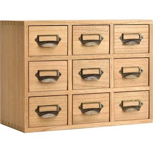 Houten lade-organizer, desktop-opbergkast, schuifladen voor thuis, kantoor, bureau, organisatie en opslag, 9 laden, mini-commode met metalen handgrepen, naturel