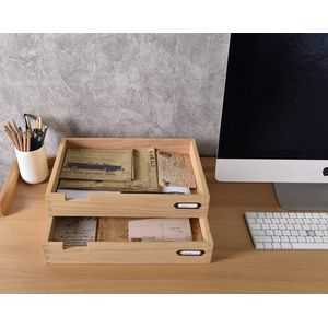 Houten bureau-organizer, stapelbare papieren legplank, set van 2 voor kantoor, desktop, documentenopslag, hout, tweetraps plank, stapelbare brievenbakjes, postingangsbak voor bureau, natuur
