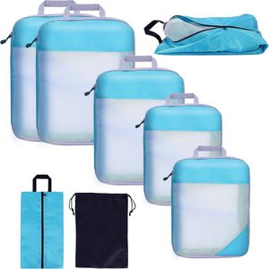 Packing Cubes Compressieset 7-delig, pakzakken, compressie voor rugzak en koffer, pakkubussen, kofferorganizer, reistas, kledingtassen voor kleding, schoenen, ondergoed, blauw