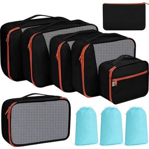 10-delige koffer-organizerset, verpakkingskubes voor kleding, paktassen voor koffer, reisorganizerset met make-uptas, schoenenzak, USB-kabel tas (zwart)