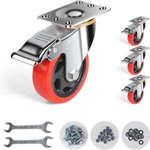 4 stuks zware wielen, 100 mm transportwielen met rem, industriële wielen en meubelwielen, plaat zwenkwielen, 360 graden draaibare palletwielen, 700 kg totale capaciteit (rood)