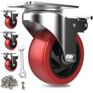 Zwenkwielen, 4 stuks transportwielen met veiligheidsvergrendeling, 125 mm, wielen voor meubels, geruisloze zware belasting, wielen met polyurethaan rubberen coating, 360 graden draaibaar, 800 kg totale capaciteit (rood)
