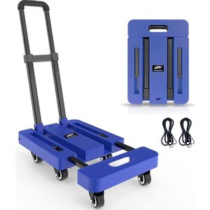 Inklapbare, draagbare transportwagen, inklapbare handwagen voor verhuizingen, 227 kg, bagagetransportwagen met 6 wielen en 2 spanbanden voor bagage, reizen, winkelen, kantoorgebruik, blauw