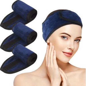 Haarband, cosmetica, hoofdband, badstof, 3 stuks, verstelbare haarbeschermingsband met klittenbandsluiting, microvezel, haarbanden, cosmetica voor make-up, sport, yoga, spa, gezicht, marineblauw