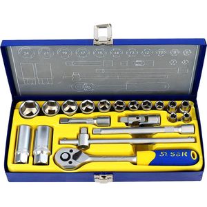 Steeksleutelset CHROM-VANADIUM 20-delig. 3/8 inch Lock-Drive profiel in metalen doos, dopdoppen voor roeste of vastzittende schroeven, ratelkast, ratelkoffer, dopsleutelset