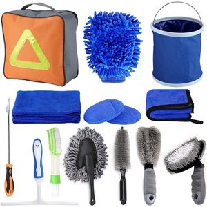 Autoreinigingsset, 14 stuks, complete set, auto-interieur, wasset, autoverzorgingsset met microvezeldoeken, washkit/raamwisser/stofvanger/velgenborstel, bandenborstel, wax-applicator